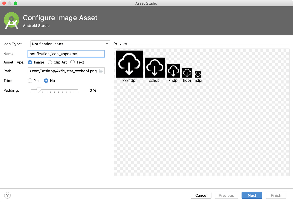 Image Asset Studio settings for notification icons